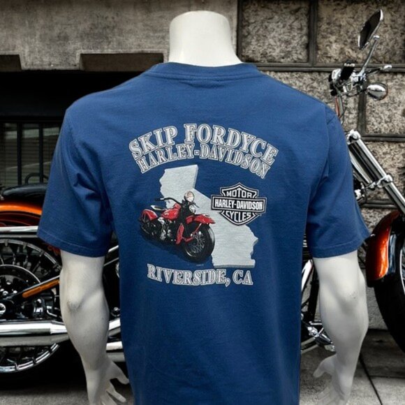 Harley Davidson Motorcycles Skip Fordyce Riverside CA Blue Graphic T-Shirt Large - Picture 1 of 12